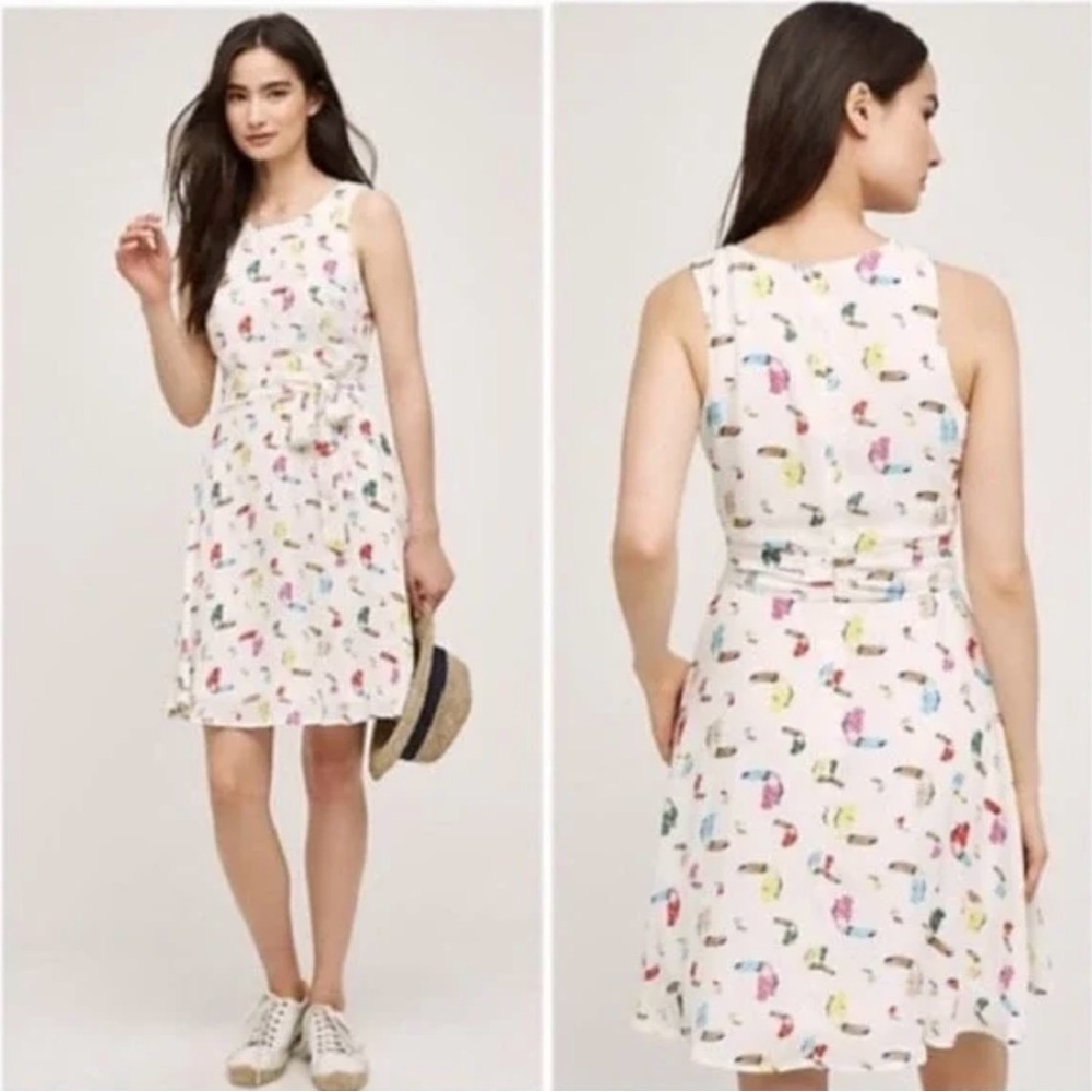 Sunday In Brooklyn Anthropologie White Chiffon Belted Tucan Print Mini Dress‎ S